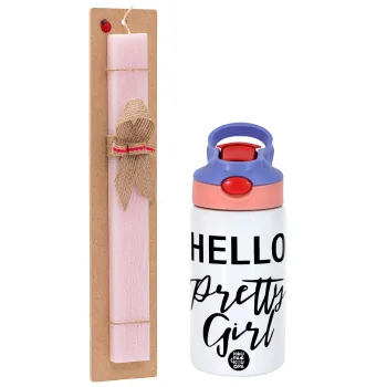 Hello pretty girl, Easter Set, Children's thermal stainless steel water bottle with safety straw, pink/purple (350ml) & Easter scented flat candle (30cm) (PINK)