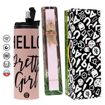 Hello pretty girl, Easter candle,Travel Tumbler 2 Lids, with metal straw & cleaning brush & aromatic flat candle (30cm) (PINK)