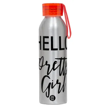 Hello pretty girl, Αλουμινένιο Αθλητικό Μπουκάλι 650ml – Ασημί με Κόκκινο Καπάκι και Λουράκι Σιλικόνης
