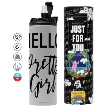 Hello pretty girl, Tumbler ποτήρι θερμό ΓΚΡΙ από ανοξείδωτο ατσάλι 600ml