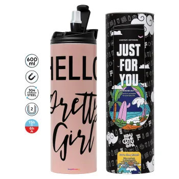 Hello pretty girl, Tumbler ποτήρι θερμό ΡΟΖ από ανοξείδωτο ατσάλι 600ml