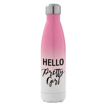 Hello pretty girl, Μεταλλικό παγούρι θερμός Ροζ/Λευκό (Stainless steel), διπλού τοιχώματος, 500ml