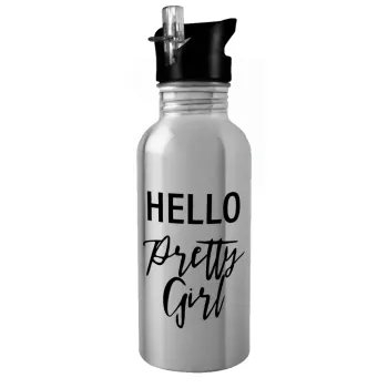 Hello pretty girl, Παγούρι νερού Ασημένιο με καλαμάκι, ανοξείδωτο ατσάλι 600ml