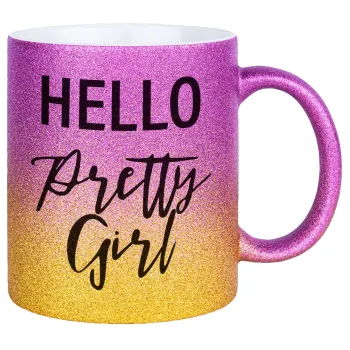 Hello pretty girl, Κούπα Χρυσή/Ροζ Glitter, κεραμική, 330ml