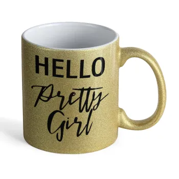 Hello pretty girl, Κούπα Χρυσή Glitter που γυαλίζει, κεραμική, 330ml