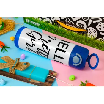 Hello pretty girl, Πασχαλινή Λαμπάδα με Παιδικό παγούρι θερμό, ανοξείδωτο, με καλαμάκι ασφαλείας, ΜΠΛΕ (500ml)