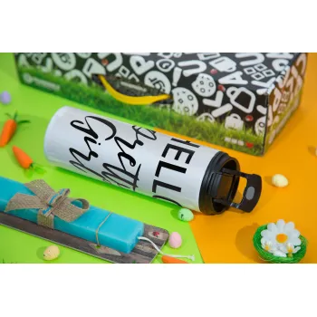 Hello pretty girl, Πασχαλινή Λαμπάδα με Travel Tumbler θερμό με διπλό καπάκι (600ml, BPA free) & κερί αρωματικό πλακέ (30cm) (ΤΙΡΚΟΥΑΖ)