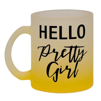 Hello pretty girl, Κούπα γυάλινη δίχρωμη με βάση το κίτρινο ματ, 330ml