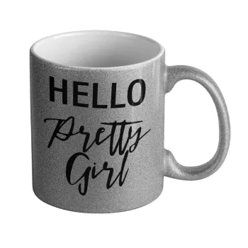 Hello pretty girl, Κούπα Ασημένια Glitter που γυαλίζει, κεραμική, 330ml