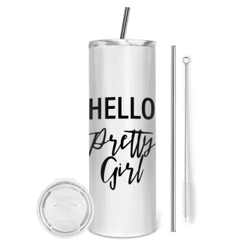 Hello pretty girl, Tumbler stainless steel 600ml, with metal straw & cleaning brush