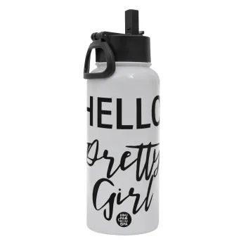 Hello pretty girl, Metal mug thermo White with Straw and Spout Lid (Stainless steel), double wall, 950ml