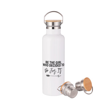 Be the girl who decided to, Μεταλλικό παγούρι θερμός (Stainless steel) Λευκό με ξύλινο καπάκι (bamboo), διπλού τοιχώματος, 750ml