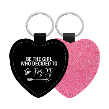 Be the girl who decided to, Μπρελόκ PU δερμάτινο glitter καρδιά ΡΟΖ