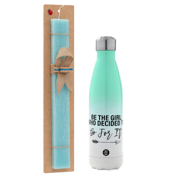 Be the girl who decided to, Easter Set, Metallic green/white thermos (Stainless steel), double-walled, 500ml & scented flat Easter candle (30cm) (TURQUOISE)