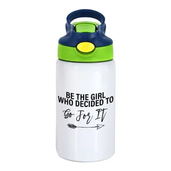 Be the girl who decided to, Children's hot water bottle, stainless steel, with safety straw, green, blue (350ml)
