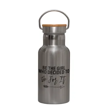 Be the girl who decided to, Stainless steel metallic thermos flask, silver with a bamboo lid, double-walled, 350ml.