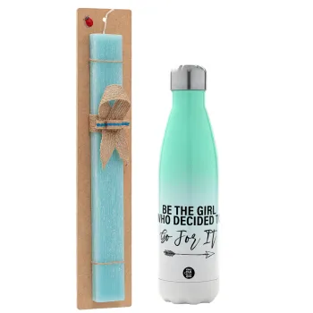 Be the girl who decided to, Easter Set, Metallic green/white thermos (Stainless steel), double-walled, 500ml & scented flat Easter candle (30cm) (TURQUOISE)