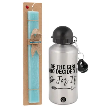 Be the girl who decided to, Easter Set, metallic silver aluminum water bottle (500ml) & scented flat Easter candle (30cm) (TURQUOISE)