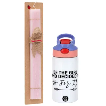 Be the girl who decided to, Easter Set, Children's thermal stainless steel water bottle with safety straw, pink/purple (350ml) & Easter scented flat candle (30cm) (PINK)