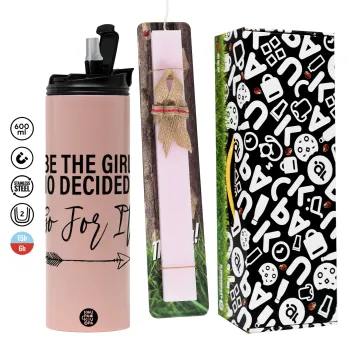 Be the girl who decided to, Easter candle,Travel Tumbler 2 Lids, with metal straw & cleaning brush & aromatic flat candle (30cm) (PINK)