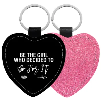 Be the girl who decided to, Μπρελόκ PU δερμάτινο glitter καρδιά ΡΟΖ