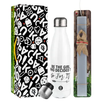 Be the girl who decided to, Πασχαλινή Λαμπάδα με μεταλλικό παγούρι θερμός λευκός (500ml) & λαμπάδα αρωματική πλακέ (30cm) (ΓΚΡΙ)