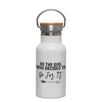Be the girl who decided to, Μεταλλικό παγούρι θερμός (Stainless steel) Λευκό με ξύλινο καπακι (bamboo), διπλού τοιχώματος, 350ml
