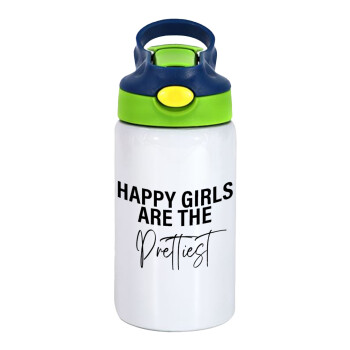 Happy girls are the prettiest, Παιδικό παγούρι θερμό, ανοξείδωτο, με καλαμάκι ασφαλείας, πράσινο/μπλε (350ml)