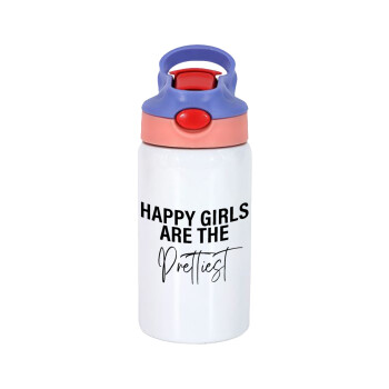 Happy girls are the prettiest, Children's hot water bottle, stainless steel, with safety straw, pink/purple (350ml)