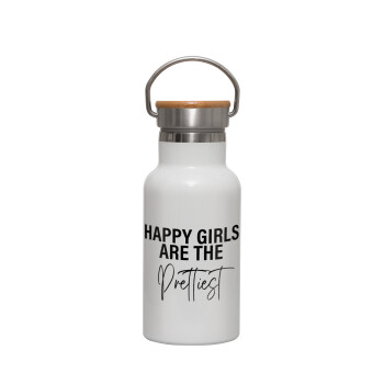 Happy girls are the prettiest, Μεταλλικό παγούρι θερμός (Stainless steel) Λευκό με ξύλινο καπακι (bamboo), διπλού τοιχώματος, 350ml