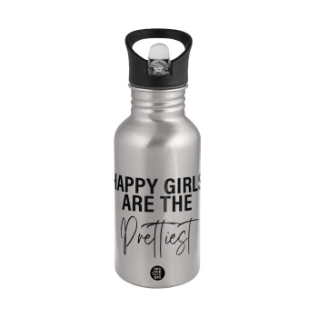 Happy girls are the prettiest, Water bottle Silver with straw, stainless steel 500ml
