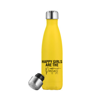 Happy girls are the prettiest, Μεταλλικό παγούρι θερμός Κίτρινος (Stainless steel), διπλού τοιχώματος, 500ml
