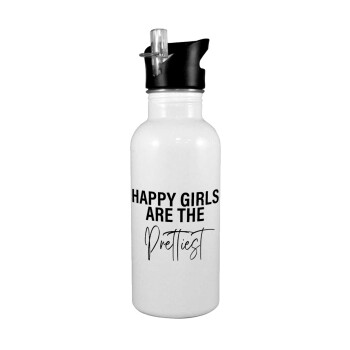 Happy girls are the prettiest, White water bottle with straw, stainless steel 600ml