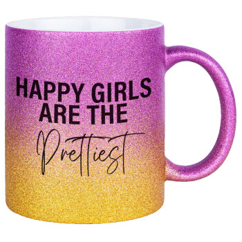 Happy girls are the prettiest, Κούπα Χρυσή/Ροζ Glitter, κεραμική, 330ml