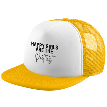 Happy girls are the prettiest, Καπέλο Ενηλίκων Soft Trucker με Δίχτυ Κίτρινο/White (POLYESTER, ΕΝΗΛΙΚΩΝ, UNISEX, ONE SIZE)