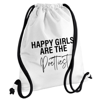 Happy girls are the prettiest, Τσάντα πλάτης πουγκί GYMBAG λευκή, με τσέπη (40x48cm) & χονδρά κορδόνια