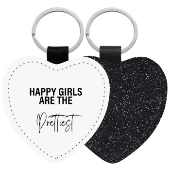 Happy girls are the prettiest, Μπρελόκ PU δερμάτινο glitter καρδιά ΜΑΥΡΟ