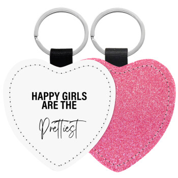 Happy girls are the prettiest, Μπρελόκ PU δερμάτινο glitter καρδιά ΡΟΖ