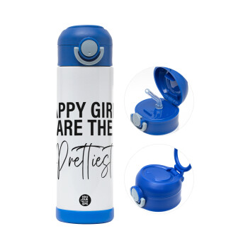 Happy girls are the prettiest, Παιδικό παγούρι θερμό, ανοξείδωτο, με καλαμάκι ασφαλείας, ΜΠΛΕ (500ml)