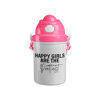 Happy girls are the prettiest, Ροζ παιδικό παγούρι πλαστικό (BPA-FREE) με καπάκι ασφαλείας, κορδόνι και καλαμάκι, 400ml