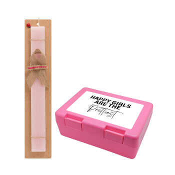 Happy girls are the prettiest, Easter Set, children's snack container PINK & scented flat Easter candle (30cm) (PINK)