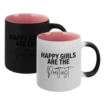 Happy girls are the prettiest, Κούπα Μαγική εσωτερικό ΡΟΖ, κεραμική 330ml που αλλάζει χρώμα με το ζεστό ρόφημα