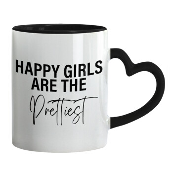 Happy girls are the prettiest, Κούπα καρδιά χερούλι μαύρη, κεραμική, 330ml