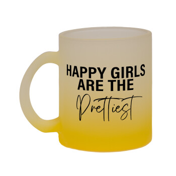 Happy girls are the prettiest, Κούπα γυάλινη δίχρωμη με βάση το κίτρινο ματ, 330ml