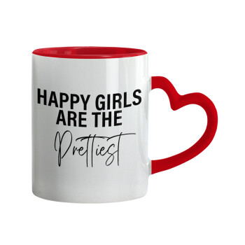 Happy girls are the prettiest, Κούπα καρδιά χερούλι κόκκινη, κεραμική, 330ml