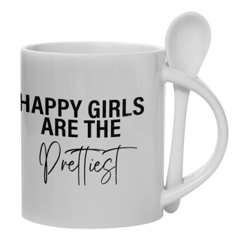 Happy girls are the prettiest, Ceramic coffee mug with Spoon, 330ml (1pcs)
