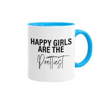 Happy girls are the prettiest, Κούπα χρωματιστή γαλάζια, κεραμική, 330ml