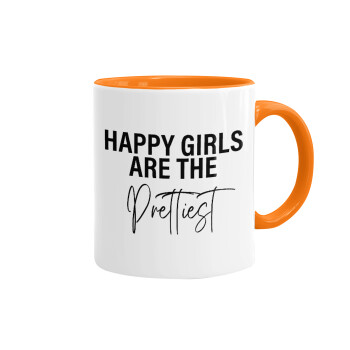 Happy girls are the prettiest, Κούπα χρωματιστή πορτοκαλί, κεραμική, 330ml