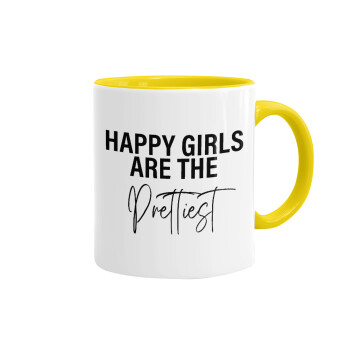 Happy girls are the prettiest, Κούπα χρωματιστή κίτρινη, κεραμική, 330ml
