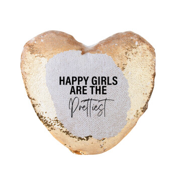 Happy girls are the prettiest, Μαξιλάρι καναπέ καρδιά Μαγικό Χρυσό με πούλιες 40x40cm περιέχεται το  γέμισμα